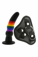 ESSENTIALS Strap On Solid Dildo silikonowy tęczowy z uprzężą