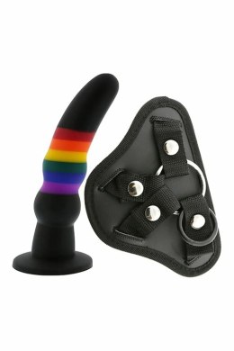 ESSENTIALS Strap On Solid Dildo silikonowy tęczowy z uprzężą